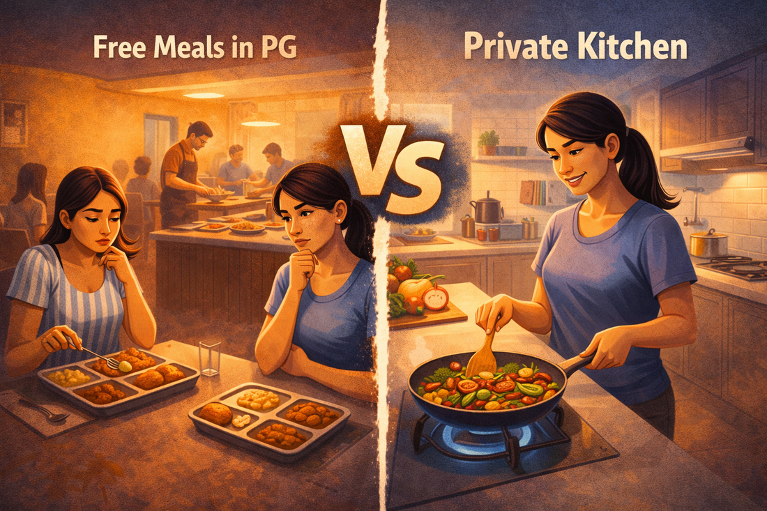 Private kitchen in a PG room versus shared meal-plan dining
