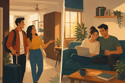 Warm, cozy interior of a couple-friendly PG in Bangalore